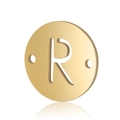Macro detail of gold-plated stainless steel round pendant with cutout letter R and dual holes - Letter R