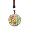 Detailed macro view of energy pendant necklace with colorful crystals and gold pattern - Multi-colored Stone Totem Style (3-17)