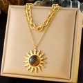 Gold double-layer stainless steel necklace featuring a sun pendant with tiger eye stone - Gold Sun Tiger Eye Stone Double Layer Style (N3338)