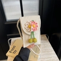 Handgewebte cremefarbene Handy-Umhängetasche mit dekorativen rosa-weißen Blumen - Stil 2 / Gebrochenes Weiß
