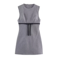 Grey sleeveless mini dress with black waist bow detail on a clean white background - XS / Gray