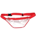 Detailed view of transparent PVC waist bag with red trim and adjustable nylon strap - Red