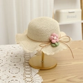 Detailed straw sun hat for kids featuring wavy petal brim and pink fabric flower ornament - Straw Hat Only / Beige