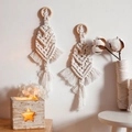 Bohemian woven wall hanging featuring beige cotton leaf feather shapes and wooden ring - Model F Wood Ring H27CM