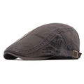 Dark grey cotton canvas newsboy cap with vintage embroidery and metal buckle strap - Dark Gray