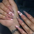Long ballet press-on nails with nude base, pink French tips, bows and rhinestones - Bz1451: Graceful And Charming / Jelly Glue + Nail File