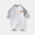Tutina neonato a maniche lunghe colorblock con applicazione orsetto bianco e grigio - 66CM / Grigio + Bianco