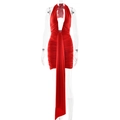Detail van rode halterjurk met diepe V-hals en een lange elegante taillelint - S / Rood