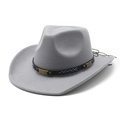 Detail of grey felt cowboy hat with leather band and bronze metal decorations - M (56-58cm) / Gray