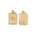 Macro view of 18k gold Scorpio pendant showing embossed scorpion and vertical lettering - Scorpio