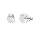 Dettaglio ravvicinato di orecchini Pac-Man e fantasma in argento con zirconi lucenti - Orecchini a lobo Pac-Man asimmetrici argento 24K (J0161-SS)