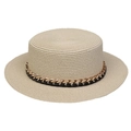 Flat top woven straw hat in oatmeal beige with black leather and gold metal chain band - Thick Chain Decor Band Style (300I)