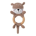 Handmade crochet squirrel baby rattle with natural wooden ring for teething and soothing - Fox with Long Tail