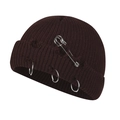 Deep brown knit beanie with silver safety pins and metal rings in punk street style - 55-58cm / Brown