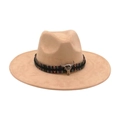 Western beige wide brim fedora hat with ethnic colorful band and silver bull head - Colorful Bull Head Ornament / Camel