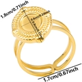 Macro detail of adjustable gold steel ring with textured edges and circular top dimensions - J431 / Gold