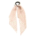 Close-up of floral chiffon streamer hair tie with white faux pearls and elastic band - Light Pink