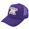 Detail view of the purple trucker hat featuring Mañana Será Bonito floral text and mesh back - One Size / Purple