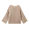 Beige cable knit sweater with chunky texture and round neck in a loose casual style - S / Khaki