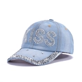 Light blue denim baseball cap with rhinestone KISS letter and embellished curved brim - 50-KISS Light Blue-Light Blue