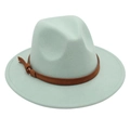 Detail of mint green wool fedora hat featuring a brown faux leather buckle strap - M (56-58cm) / Mint Green (Yellow Rope)