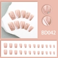 Detail of pink press-on nails with golden glitter lines, white stripes, and rhinestones - BD042 Flesh Pink Gold Glitter Line Style / Jelly Glue Type