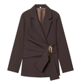Detail of dark brown blazer featuring draped waist design and a gold metal buckle accent - XS / Coffee Top