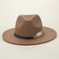 Classic brown wool felt fedora hat with black belt and golden leaf metal decoration - M(56-58cm) / Khaki