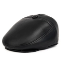 Berretto piatto classico in pelle nera da uomo con fodera in pile e paraorecchie - Nero (Pelle PU) / L Grande (58-59CM)
