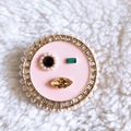 Detail of creative pink lip brooch featuring colorful crystals and white pearl border - Gold-Pink Face (23)