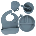 Blue-grey 6-piece silicone baby feeding set with suction plate bowl bib and cup - 6-Piece All-Silicone Set / Aqua