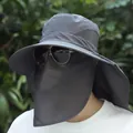 Men's black outdoor sun protection hat with wide brim, neck flap and mesh mask - Black (Veil Shawl Style)