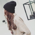 Women's black rabbit fur knit beanie in a minimalist style for autumn and winter - Black