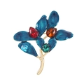 Elegant gold rose brooch with blue enamel leaves and colorful teardrop crystals - Blue Enamel Gem Flower