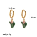 Cute gold titanium steel hoop earrings with enamel cactus and pink flower charms - Cactus Style (TE60442)