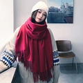 Elegant thick red cashmere scarf with tassels for winter fashion and warmth - 300g Wool Blend Style / Burgundy