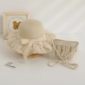 Détail d'un chapeau de paille pour fille avec sac assorti, dentelle et tulle à pois dorés - Ensemble chapeau et sac / Beige