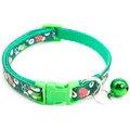 Green Christmas pet collar with festive strawberry pattern, bell, and safety buckle - Green 2 (Festive Mixed Print)