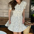 Robe fleurie à col Claudine et manches bouffantes en crème avec motif de fleurs - S / Bleu