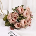 Artificial vintage pink peony bouquet with multi-head blooms and green leaves - Coffee