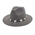 Close-up of wool fedora hat featuring a leather band with engraved silver metal studs - M (56-58cm) / Dark Gray