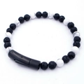 Men's beaded bracelet with black lava rocks, white stone beads, and matte steel clasp - Black Lava Rock With White Howlite (KB204629-SJ)