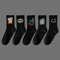 Five-pack of black men's cotton crew socks with colorful street style graffiti patterns - 5 Pairs (Styles 16, 17, 18, 19, 20)