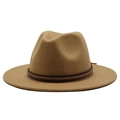 Classic khaki fedora wool hat with dark brown woven band and teardrop crown design - Camel