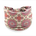 Elastic beige headwrap with colorful mandala floral patterns for yoga and sports - Style 138