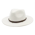 Detail of cream straw hat with brown leather band and vintage metal buckle rivets - M (56-58cm) / Off White