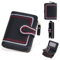 Short black litchi pattern leather wallet with vibrant red and white zigzag stitching - Black