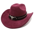 Close-up of burgundy suede cowboy hat with metallic bull logo and silver studded band - Burgundy / M (56-58cm)