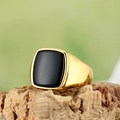 Anillo de sello para hombre en acero de titanio dorado con una gran piedra negra rectangular - US 7 / Ágata negra dorada