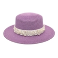 Chapeau de soleil en paille lavande à sommet plat avec ruban blanc et détails en perles - M (56-58cm) / Violet Taro